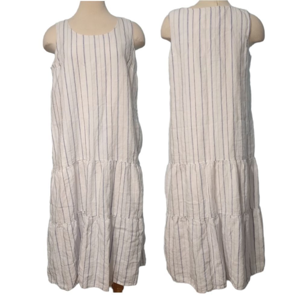 J.Jill Linen Maxi Dress Tiered Steipe White/Blue Size Medium Petite